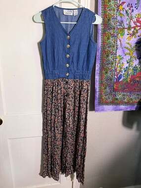 Access Petite Denim Floral Maxi Dress 90s Style Prairie Grunge Button Front 6P
